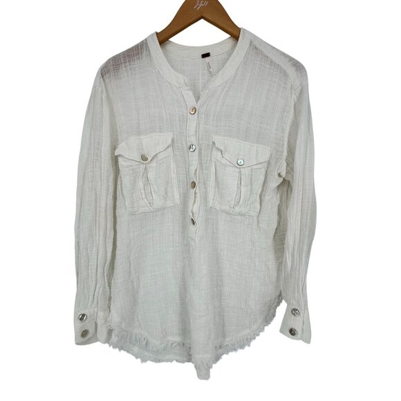 Free People Womens Talk to Me White Shirt Gauze Cotton Frayed Hem‎ Button Size M - Picture 1 of 8